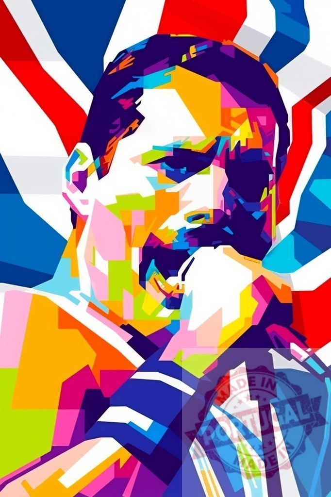 Freddie Mercury pop art illustration with Union Jack colors | Freddie Mercury in a colorful WPAP pop art style illustration with Union Jack background - Realisiert mit Pictrs.com