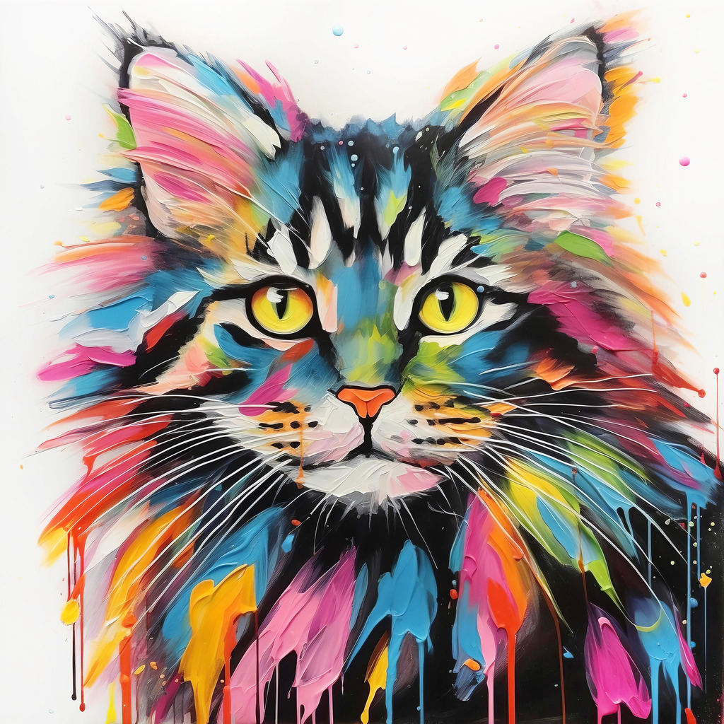 2401017 - Abstraktes Katzenporträt | Eine Katze im Stil eines modernen Gemäldes mit bunten Farbklecksen.