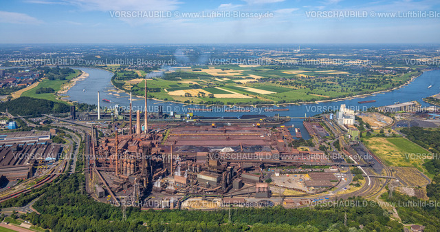 Duisburg230706823 | Luftbild, thyssenkrupp Steel Europe - Werkshafen Schwelgern, gegenüber das Naturschutzgebiet Rheinaue Binsheim, Fluss Rhein, Marxloh, Duisburg, Ruhrgebiet, Nordrhein-Westfalen, Deutschland