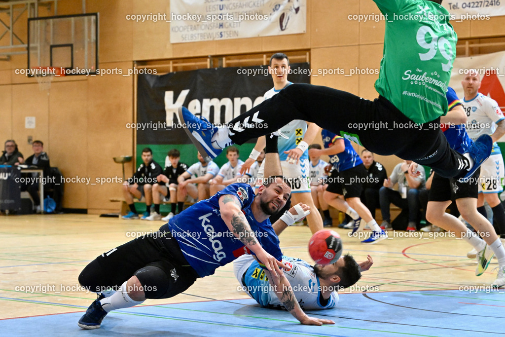 SC Ferlach vs. HSG Bärnbach/Köflach 30.3.2024 | #81 MILICEVIC Adrian SC Ferlach, #56 Beciri Kristian HSG Bärnbach, #10 Perkusic Toni HSG Bärnbach, #99 Strasek Denis HSG Bärnbach, SC Ferlach vs. HSG Bärnbach/Köflach 30.3.2024, SC Ferlach vs. HSG Bärnbach/Köflach am 30.03.2024 in Ferlach (Ballspielhalle Ferlach), Austria, (Photo by Bernd Stefan)