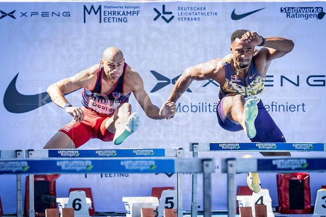 Multisport Event; Ratingen, 28.06.2026 | RATINGEN, GERMANY - JUNE 28, 2026 :  Dario Dester (ITA / Italy) and Leo Neugebauer (GER / Germany) competing in the 110m hurdles during the Multisport Event at Stadion Ratingen on June 28, 2026 in Ratingen, Germany.