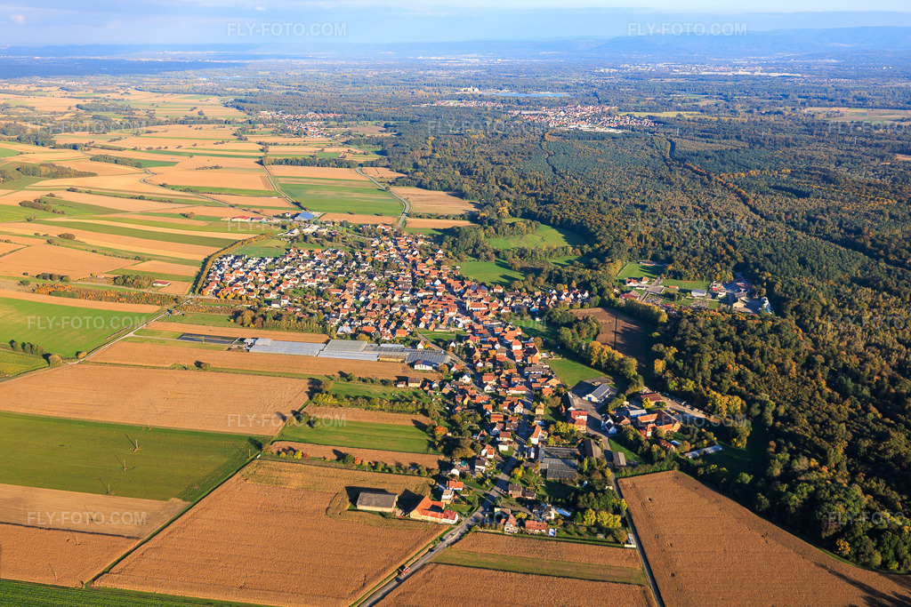 Aerial view: View of the town from the west in Niederrœdern in the state Bas-Rhin, France.Photo: IMG_150156.jpg taken on 10/11/2025 by Werner Riehm/FLY-FOTO.comResolution of the original: 6000 x 4000 px