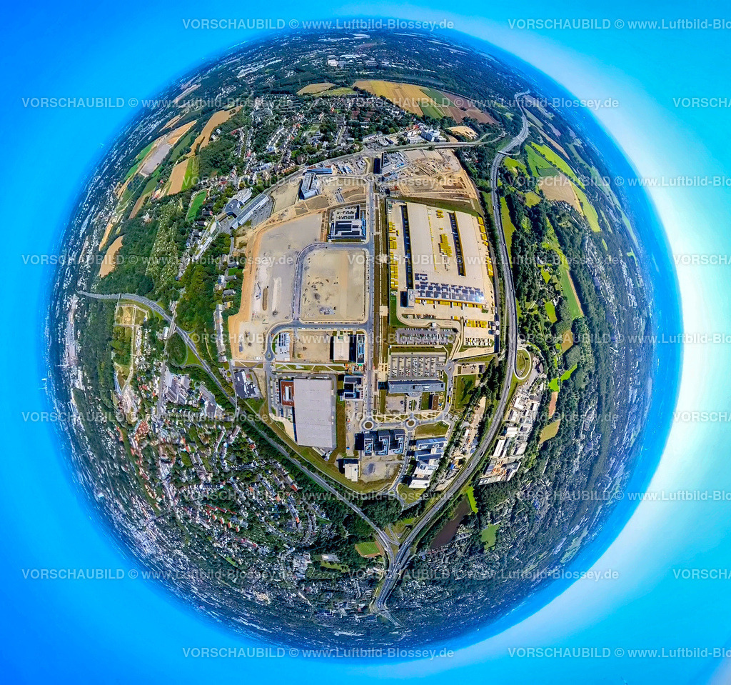 Bochum240890848_O-Werk_DHL | Luftbild, Großbaustelle Mark 51/7, Wissenschaftsquartier und Technologiequartier, O-Werk Campus und  DHL Logistik, ehemaliges Opel Areal an der Autobahn A448, Erdkugel, Fisheye Aufnahme, Fischaugen Aufnahme, 360 Grad Aufnahme, tiny world, little planet, fisheye Bild, Laer, Bochum, Ruhrgebiet, Nordrhein-Westfalen, Deutschland