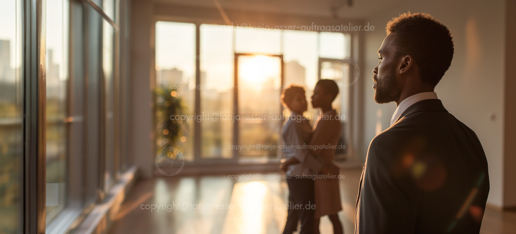 Lifestyle neues Penthouse D | Fotorealistisches KI Bild - Immobilie: Eine elegante afroamerikanische Familie mit einem Sohn in einem leeren Penthouse mit Glasfassade. Unscharfer Hintergrund zeigt eine Stadt mit Hochhäusern. Der Vater ist stolz, die Familie umarmt sich vor Freude. 