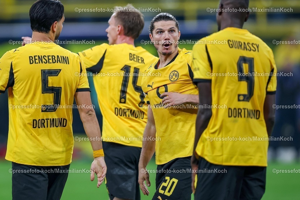 UCL01102501241 | 01.10.2025, Fußball, UEFA Champions League, Borussia Dortmund - Athletic Club Bilbao, BVB Stadion, 2. Spieltag, Saison 2025 2026: Torjubel nach dem Tor zum 3:1 durch Torschütze Serhou Guirassy (BVB #09) und Marcel Sabitzer (BVB #20)  zusammen mit   Regulations prohibit any use of photographs as image sequences and or quasi-video.