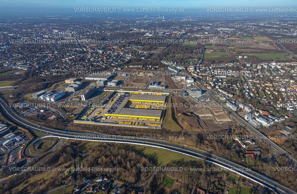 Bochum240103238 | Luftbild, DHL Logisitik, Großbaustelle Mark 51/7, O-Werk Campus und Neubau Wissenschafts- und Technologiequartier, ehemaliges Opel Areal an der Autobahn A448, Laer, Bochum, Ruhrgebiet, Nordrhein-Westfalen, Deutschland