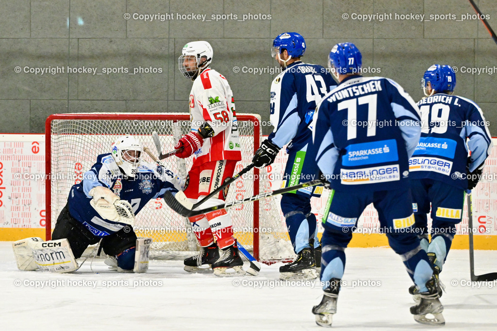 ESV FERLACH vs. ESC SOCCERZONE STEINDORF | #35 Mayronig Marco ESC Steindorf, #58 Florian Matthias ESV Ferlach, #43 Oraze Martin ESC Steindorf, #77 Wuntschek Manuel ESC Steindorf, ESV FERLACH vs. ESC SOCCERZONE STEINDORF, ESV FERLACH vs. ESC SOCCERZONE STEINDORF am 22.11.2024 in Ferlach (Eishalle Ferlach ), Austria, (Photo by Bernd Stefan)