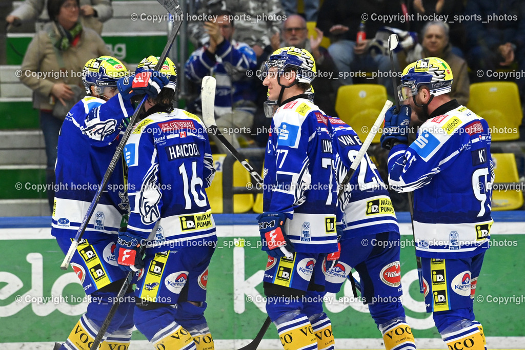 EC IDM Wärmepumpen VSV vs. Pioneers Vorarlberg | Jubel EC VSV Mannschaft, #26 Guus van Nes EC VSV, #16 Kevin Hancock EC VSV, #77 Philipp Lindner EC VSV, #95 Mark Katic EC VSV, EC IDM Wärmepumpen VSV vs. Pioneers Vorarlberg, EC IDM Wärmepumpen VSV vs. Pioneers Vorarlberg am 22.02.2026 in Villach (Stadthalle Villach), Austria, (Photo by Bernd Stefan)