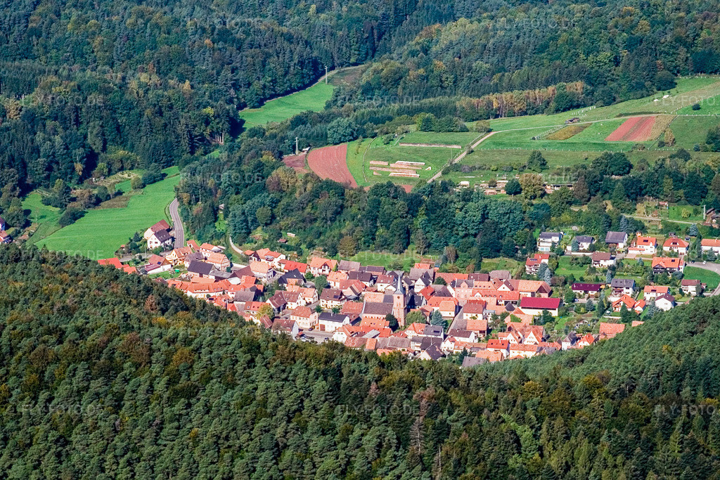 Luftbild: Dorf im Pflälzerwald von Osten in Vorderweidenthal im Bundesland Rheinland-Pfalz in Deutschland. Foto: IMG_4287.jpg vom 08.10.2006 durch Werner Riehm/FLY-FOTO.de