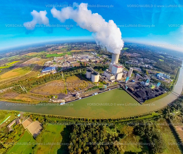 Luenen241190555 | Luftbild, Trianel Kohlekraftwerk Lünen GmbH & Co. KG mit dampfender Rauchwolke am Datteln-Hamm-Kanal, Erdkugel, Fisheye Aufnahme, Fischaugen Aufnahme, 360 Grad Aufnahme, tiny world, little planet, fisheye Bild, Lippholthausen, Lünen, Ruhrgebiet, Nordrhein-Westfalen, Deutschland