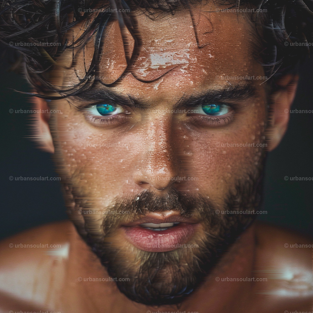 Male Model Portrait | An intense close-up of a male model with captivating blue eyes and beads of sweat, exuding strength and confidence. This bold portrait is ideal for modern interiors, adding a sense of intensity and sophistication. - Realisiert mit Pictrs.com