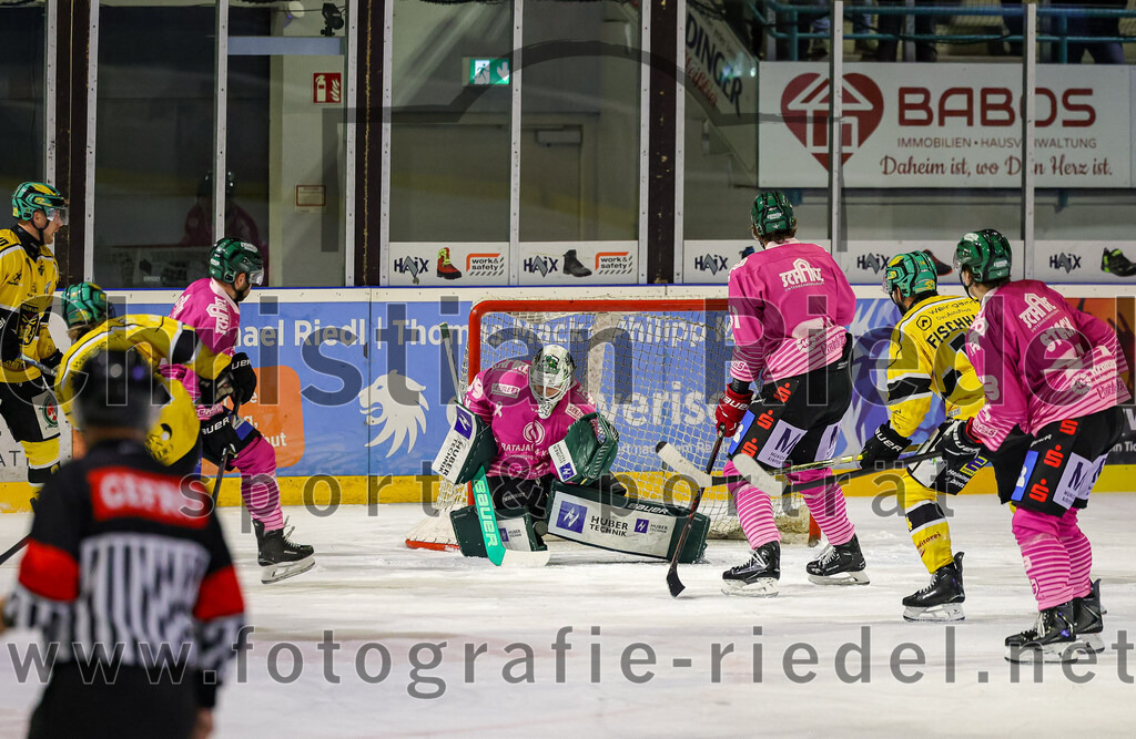 2025-10-28_132_TSV_Erding_gegen_Toelzer_Loewen | iErding, Deutschland, 28.10.2025:Eishockey, Oberliga Süd 2025 / 2026, 13. Spieltag, TSV Erding gegen Tölzer Löwen, Endergebnis: 2:5Torwart Leon Meder (Erding Gladiators, #39), Moritz Köttstorfer (Erding Gladiators, #61), Christoph Fischhaber (Tölzer Löwen, #14), Pascal Steck (Erding Gladiators, #73)Foto: Christian Riedel / fotografie-riedel.net