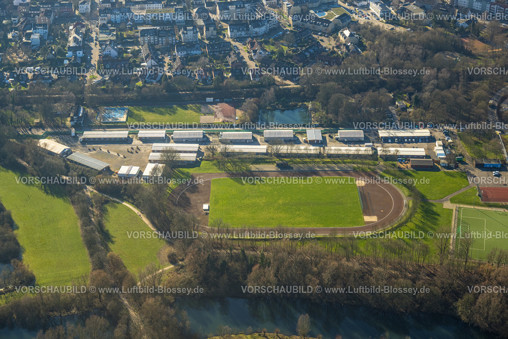 Muelheim230201075 | Luftbild, Sportpark Saarner Ruhraue, Flüchtlingsdorf Saarn, Saarn, Mülheim an der Ruhr, Ruhrgebiet, Nordrhein-Westfalen, Deutschland