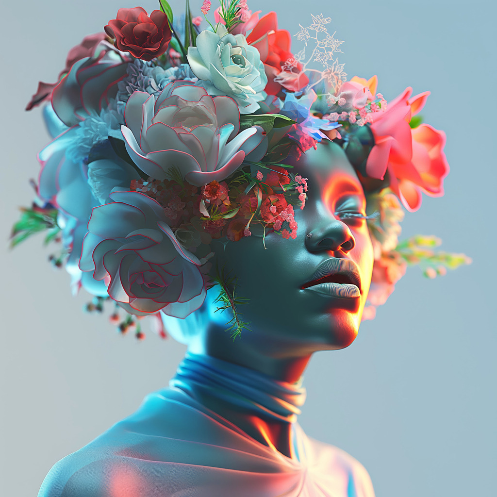 2408030 - Frau mit Blumen | Fotorealistische Illustration einer Frau mit kreativem Kopfschmuck aus Blumen.