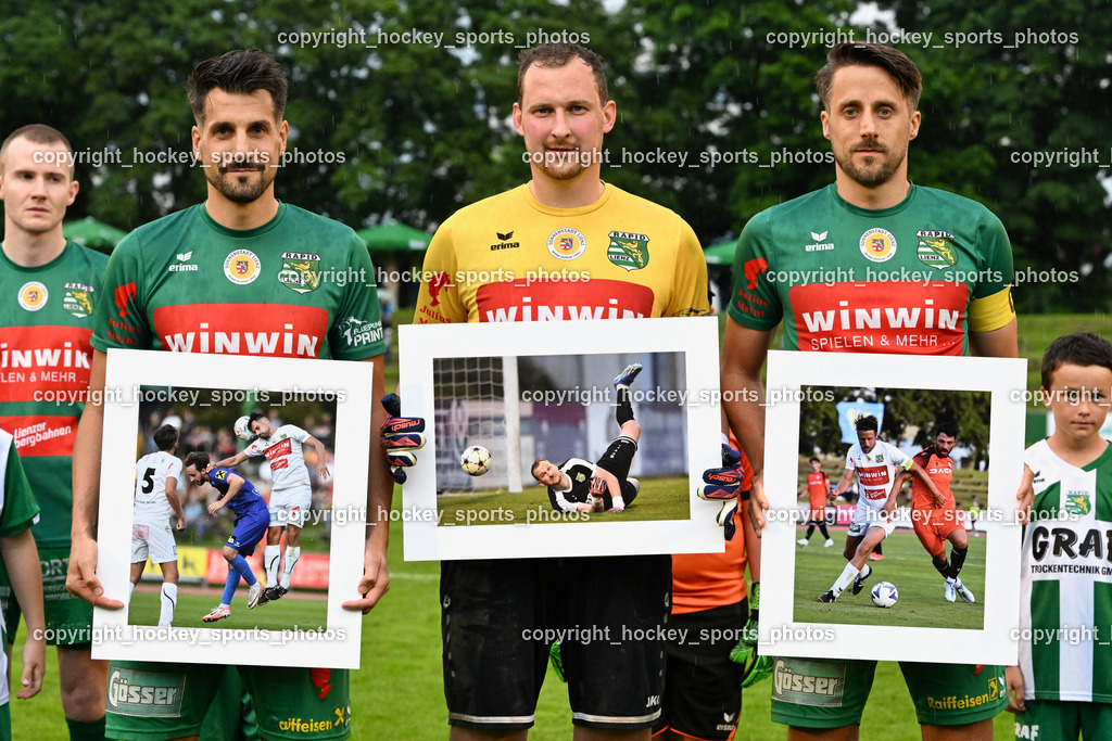 SV Rapid Lienz vs. URC Thal Assling | Spieler Ehrung SV Rapid Lienz, #2 Patrick Eder Rapid Lienz, #1 Julian Weiskopf Rapid Lienz, #5 Manuel Eder Rapid Lienz, SV Rapid Lienz vs. URC Thal Assling, SV Rapid Lienz vs. URC Thal Assling am 08.06.2024 in Lienz (Dolomiten Satadion), Austria, (Photo by Bernd Stefan)