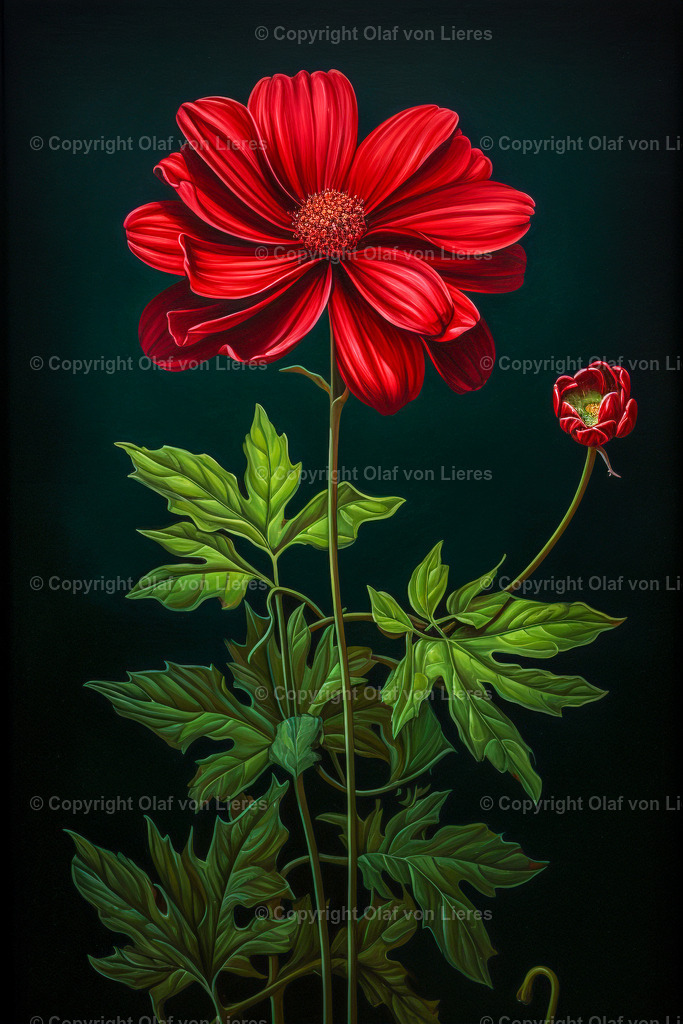 rote Blume Auf schwarzem Grund | rote gezeichnete Blumen mit grünen Blättern