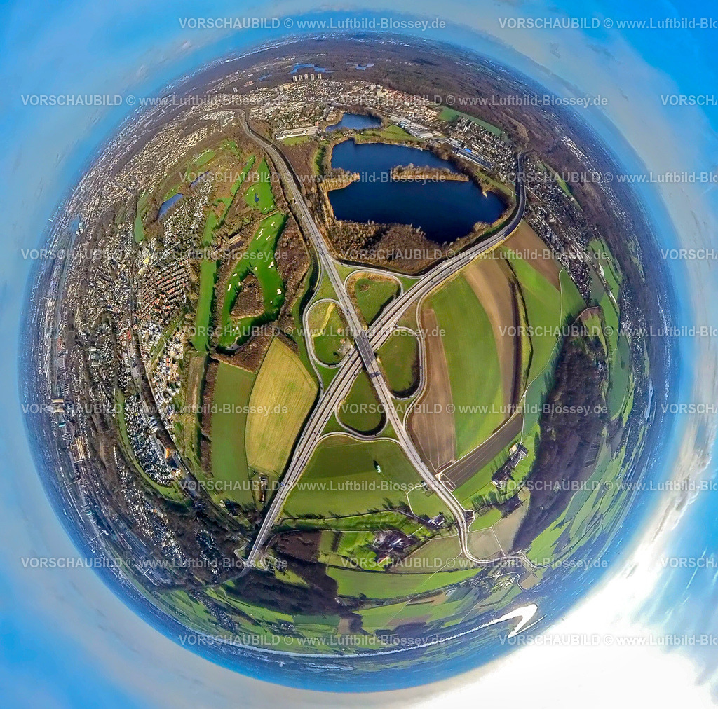 Duisburg2301fish0008BAB53KreuzSuedHuckingen-2 | Luftbild, Autobahnkreuz Duisburg-Süd, Rahmer See, Golfplatz Golf und More, Fisheye Aufnahme, Fischaugen Aufnahme, 360 Grad Aufnahme, Rahm, Duisburg, Ruhrgebiet, Nordrhein-Westfalen, Deutschland