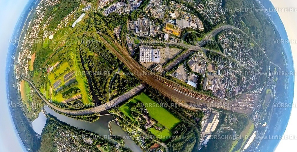 Hagen230990056 Vorhalle-2 | Luftbild, Bahnhof Hagen-Vorhalle Gleisanlagen Rangierbahnhof, Decathlon Sportgeschäft, Erdkugel, Fisheye Aufnahme, Fischaugen Aufnahme, 360 Grad Aufnahme, tiny world, Vorhalle, Hagen, Ruhrgebiet, Nordrhein-Westfalen, Deutschland