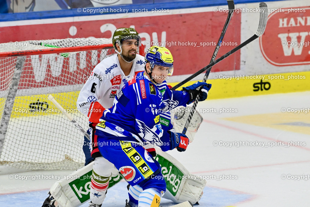 EC IDM Wärmepumpen VSV vs. HC Bozen 19.9.2023 | #17 Arturs Kulda, #6 Lessio Lucas, win2day icehockeyleague, EC IDM Wärmepumpen - HC Bozen  am 19.09.2023 in Villach (Stadhalle Villach), Austria, (Photo by Bernd Stefan)