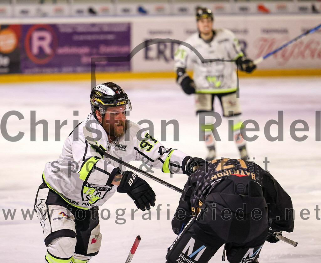 2024-03-01_137_TSV_Erding_gegen_ERSC_Amberg | Erding, Deutschland, 01.03.2024:
Eishockey, Bayernliga Playoffs 2023 / 2024, 5. Spieltag, TSV Erding gegen ERSC Amberg, Endergebnis: 9:0

Daniel Krieger (ERSC Amberg, #97), Erik Modlmayr (Erding Gladiators, #21)

Foto: Christian Riedel / fotografie-riedel.net