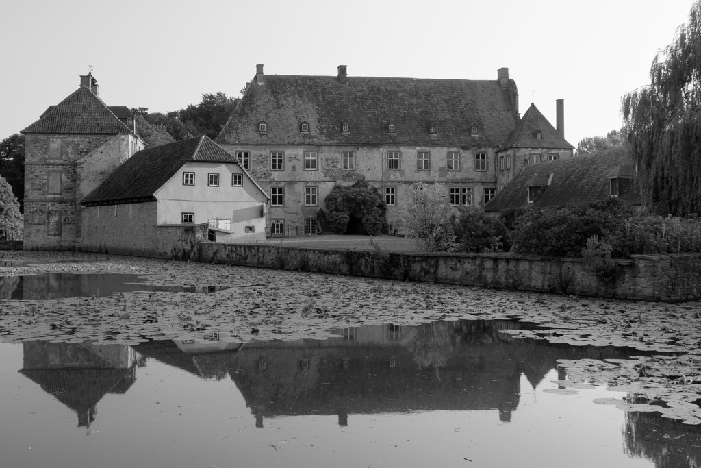 Romantik in Schwarz-Weiß – Wasserschloss im Spiegel | Schwarz-Weiß-Aufnahme eines Wasserschlosses mit Seerosenteich und Spiegelung: romantisches Sinnbild für Stille, Beständigkeit und zeitlose Schönheit. - Realisiert mit Pictrs.com