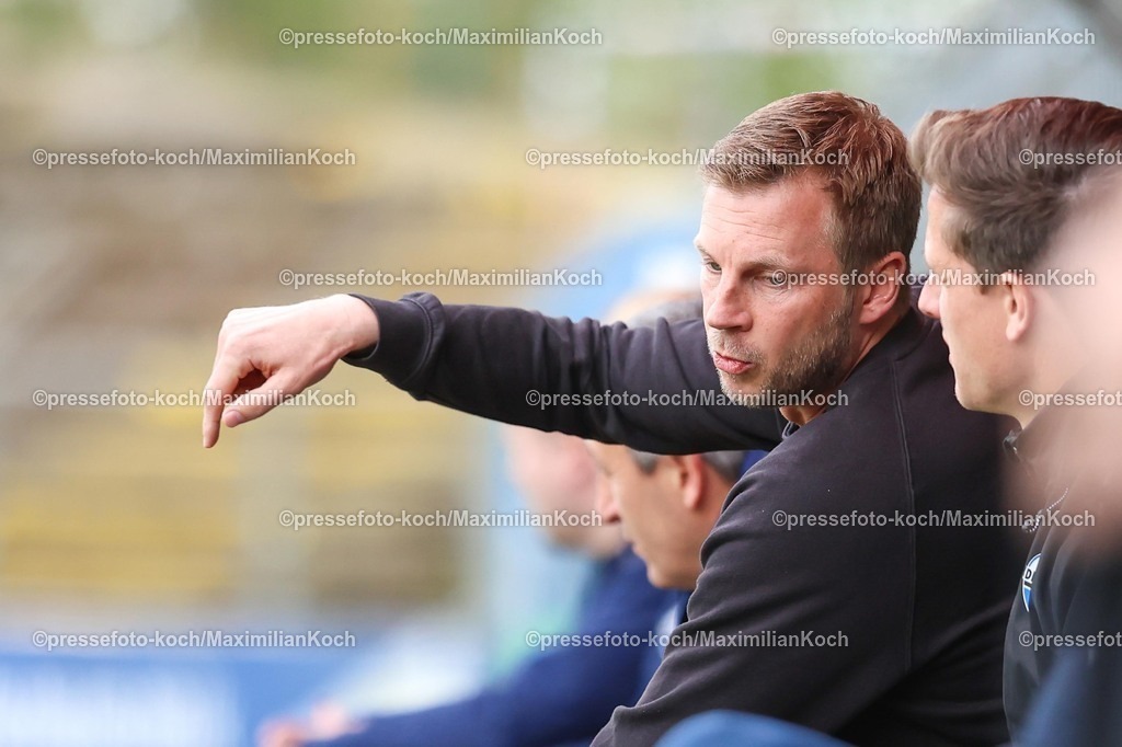 xKWIx12042601057 | 2026.04.12, xkwix, Fußball, Regionalliga West, FC Gütersloh -  SC Paderborn 07 II, Heidewaldstadion (Ohlendorf Stadion im Heidewald), 29.Spieltag, Saison 2025 / 2026: Thomas Bertels (SC Paderborn II Cheftrainer) gestikuliert auf Bank DFB regulations prohibit any use of photographs as image sequences and or quasi-video. Photo: xKamilxWilkowskixPressefotoKochx