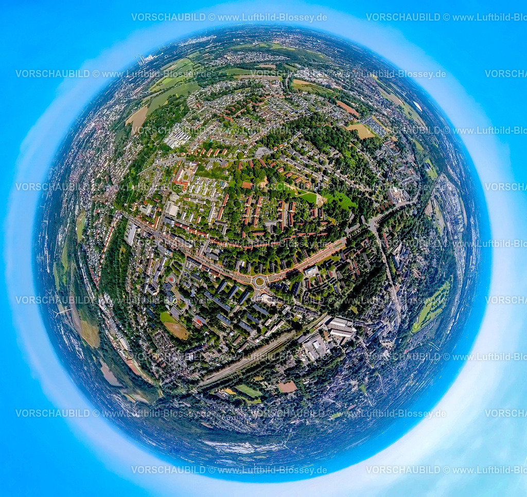 Gladbeck240890537BrauckHorsterStrasse | Luftbild, Ortsteil Brauck Wohngebiet, Kreisverkehr Horster Straße und Wiesmannstraße, Erdkugel, Fisheye Aufnahme, Fischaugen Aufnahme, 360 Grad Aufnahme, tiny world, little planet, fisheye Bild, Brauck, Gladbeck, Ruhrgebiet, Nordrhein-Westfalen, Deutschland