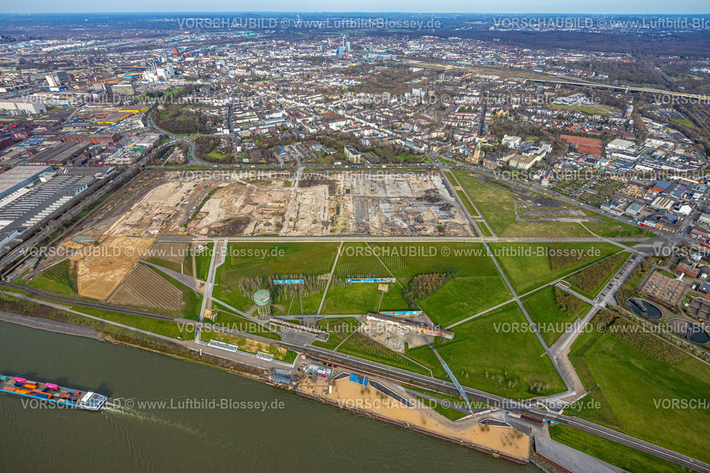 Duisburg230302176 | Luftbild, Rheinpark Duisburg am Fluss Rhein und geplante Wohnanlage RheinOrt Hochfeld, künftiges IGA-Gelände, Hochfeld, Duisburg, Ruhrgebiet, Nordrhein-Westfalen, Deutschland