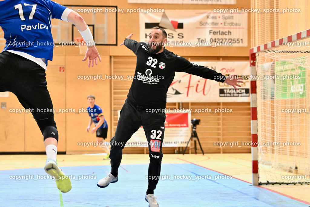 SC Ferlach vs. ALPA HC Hard | #17 PAVLOV Hari SC Ferlach, #32 DOKNIC Golub HC Hard, SC Ferlach vs. ALPA HC Hard, SC Ferlach vs. ALPA HC Hard am 30.04.2024 in Ferlach (Ballspielhalle Ferlach), Austria, (Photo by Bernd Stefan)