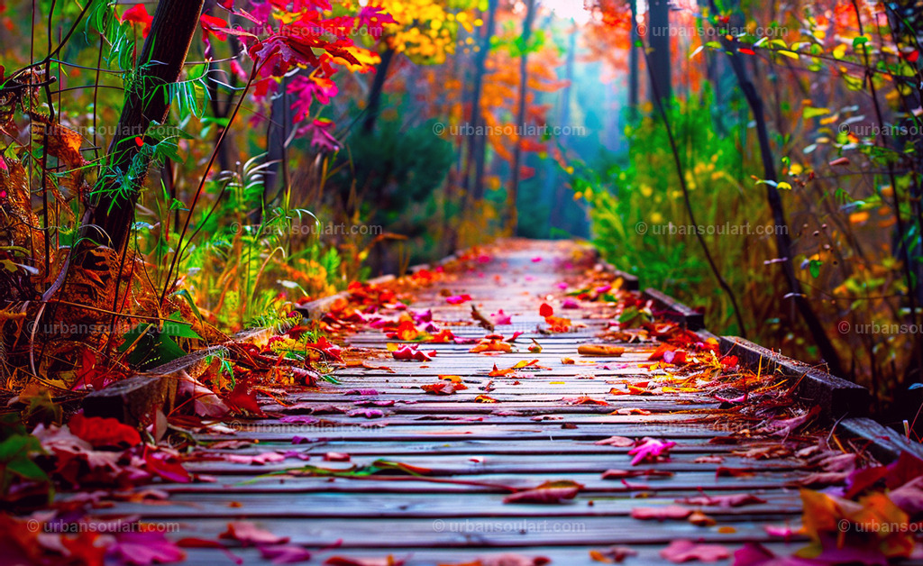Wooden Boardwalk In A Colorful Forest | A vibrant forest scene with a wooden boardwalk covered in autumn leaves. Ideal for nature lovers, bringing an inviting and warm touch to any space. - Realisiert mit Pictrs.com