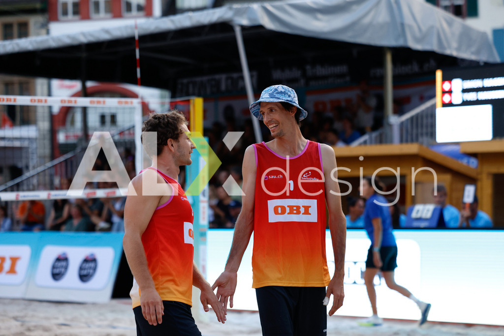 Obi BeachTour 2026 - Basel | BASEL, SWITZERLAND - JULY 17: SIMON HAGENBUCH (SUI) and YVES HAUSSENER (SUI) (SUI) during the Obi BeachTour 2026 match between HAGENBUCH / HAUSSENER (SUI) and BORTOLUZZI / JAUFFRET (SUI) at Barfüsserplatz on July 17, 2026 in Basel, Switzerland. - Realisiert mit Pictrs.com