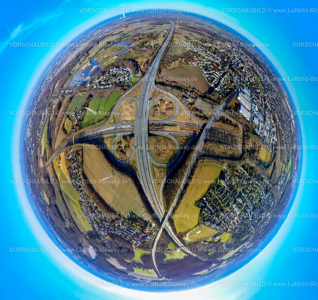 Dortmund240190161BAB-Dreieck Bodelschwingh | Luftbild, Autobahnkreuz Castrop-Rauxel-Ost mit Autobahn A45 und A42 zusammen mit der Anschlussstelle Dreieck Dortmund-Bodelschwingh, Abfahrt Königshalt, Verkehrssituation, Erdkugel, Fisheye Aufnahme, Fischaugen Aufnahme, 360 Grad Aufnahme, tiny world, little planet, fisheye Bild, Oestrich, Dortmund, Ruhrgebiet, Nordrhein-Westfalen, Deutschland