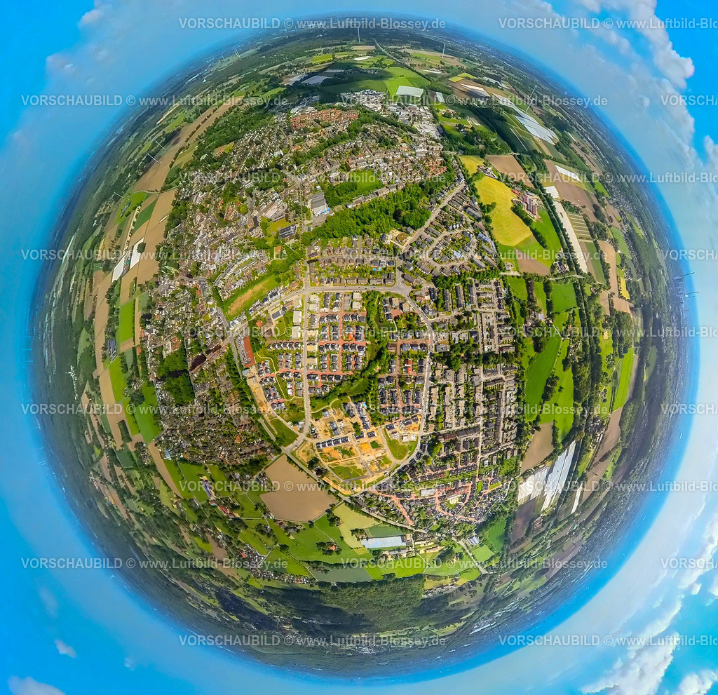 Bottrop230520080KirchhelleNeubaugebiet | Luftbild, Neubaugebiet Schultenkamp, Baustelle Wohngebiet Dorfheide, Kirchhellener Ring, Rentforter Straße, Hackfurthstraße, Erdkugel, Fisheye Aufnahme, Fischaugen Aufnahme, 360 Grad Aufnahme, Kirchhellen, Bottrop, Ruhrgebiet, Nordrhein-Westfalen, Deutschland