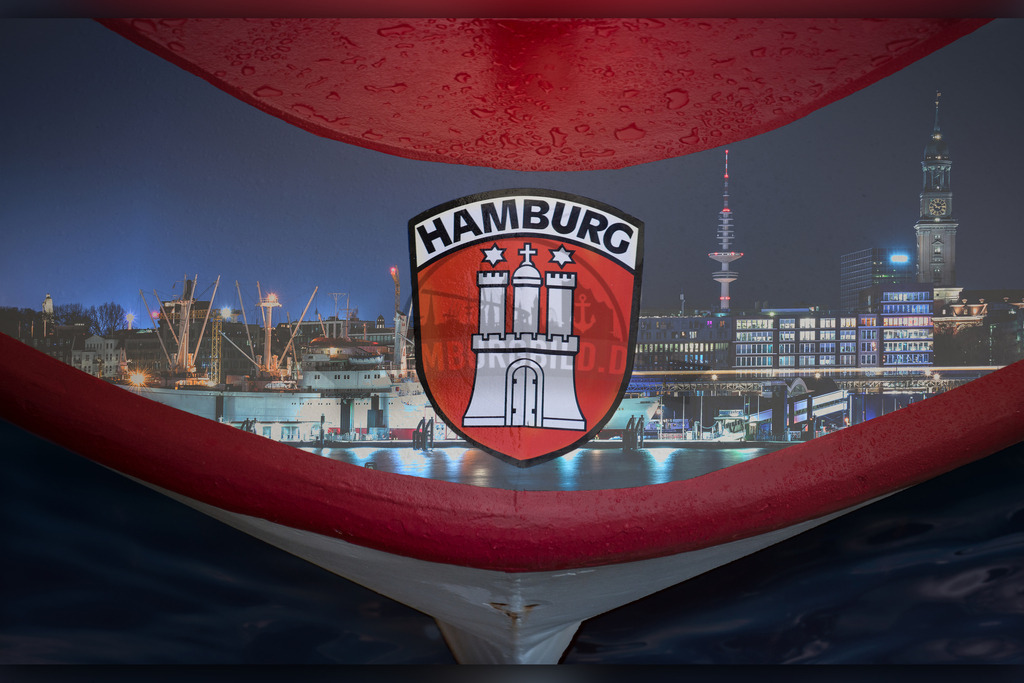 Hamburg collage 6.0 | Unsere collage 6.0 zeigt die wunderschönen Landungsbrücken, eingebettet in einer Draufsicht eines typischen Hamburg Barkassenbugs inkl. Hamburg Wappen - Realisiert mit Pictrs.com