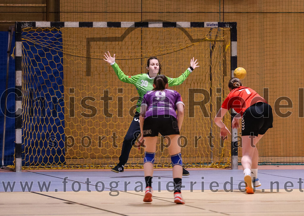 2025-01-18_058_SpVgg_Altenerding_gegen_TV_Altoetting | Erding, Deutschland, 18.01.2025:Handball, Bezirksoberliga Frauen Altbayern 2024 / 2024, 11. Spieltag, SpVgg Altenerding gegen TV Altötting, Endergebnis: 19:24Torfrau Lena Bernauer (SpVgg Altenerding, #30), Julia Kranich (SpVgg Altenerding, #9), Ines Hager (TV Altötting, #7)Foto: Christian Riedel / fotografie-riedel.net