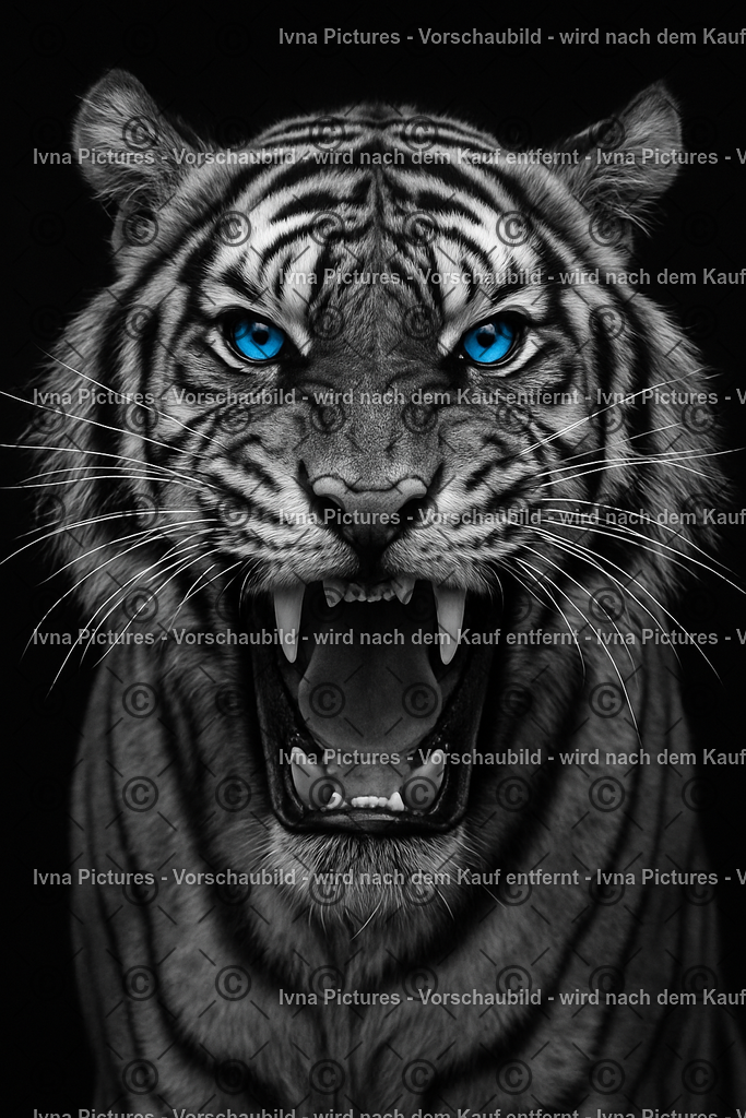 Blick aus dem Eisfeuer | Der Tiger stößt ein kraftvolles Brüllen aus, seine Reißzähne scharf und eindrucksvoll sichtbar. Vor dem dunklen Hintergrund stechen die leuchtend blauen Augen wie zwei glühende Kristalle hervor – ein Bild purer Wildheit, Stärke und majestätischer Präsenz. - Realisiert mit Pictrs.com