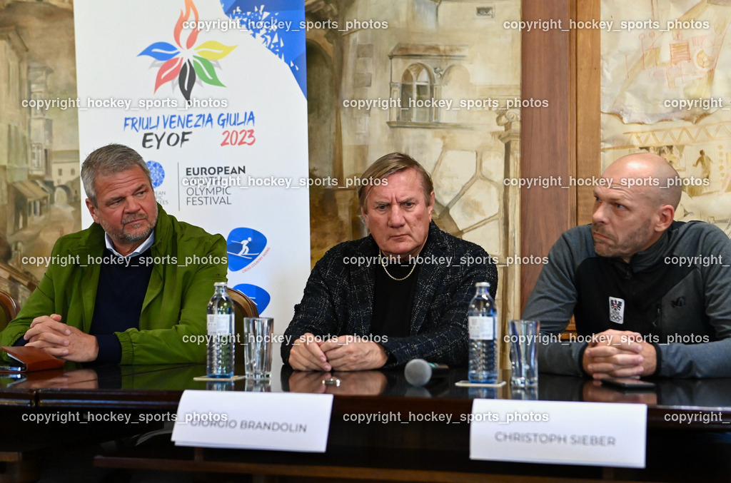 European Youth Olympic Festival EYOF 2023 Pressekonferenz | Bürgermeister Spittal an der Drau Gerhard Köfer, Giorgio Brandolin, ÖSTERREICHISCHES OLYMPISCHES COMITÉ Christoph Sieber 
