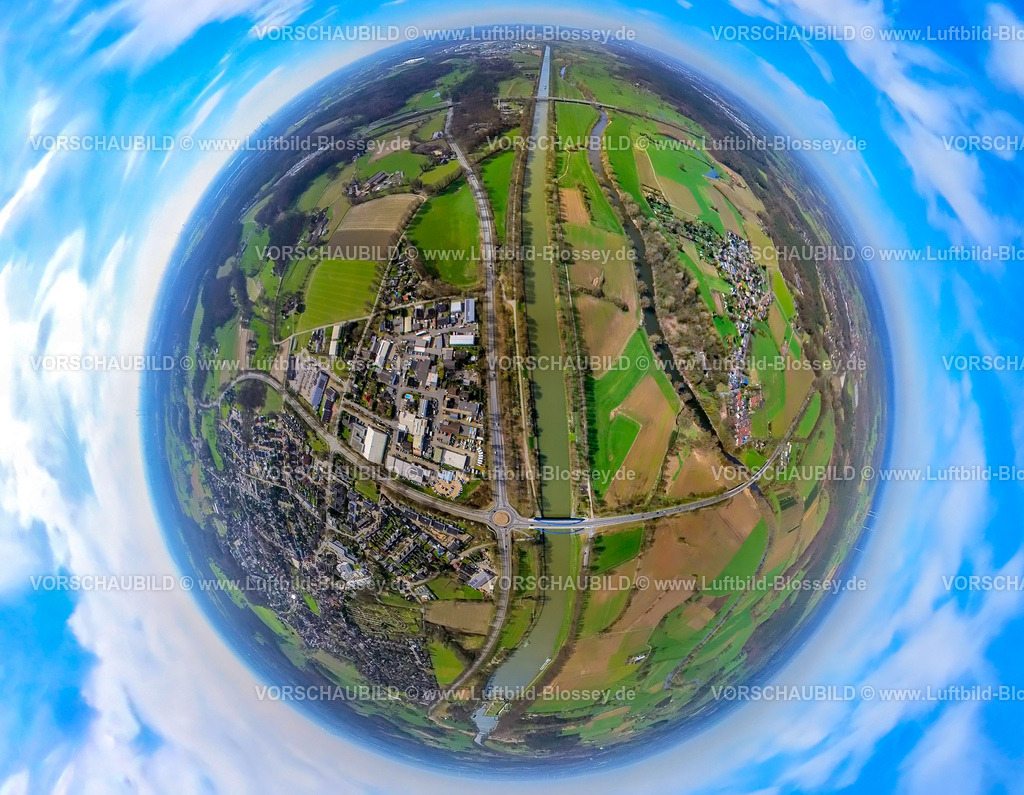 Huenxe240390043Wesel-Datteln-Kanal_Huenxe-Krudenburg | Luftbild, Wesel-Datteln-Kanal mit Wesel-Datteln-Kanal Brücke, Gewerbegebiet Bannemer Feld an der Weseler Straße, Fluss Lippe und Ortsteil Krudenburg, hinten die Kanalbrücke der Autobahn A3, Wiesen und Felder, Erdkugel, Fisheye Aufnahme, Fischaugen Aufnahme, 360 Grad Aufnahme, tiny world, little planet, fisheye Bild, Hünxe, Nordrhein-Westfalen, Deutschland