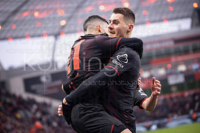 Bayer 04 Leverkusen vs. FC St. Pauli, 14.02.2026 | LEVERKUSEN, GERMANY - FEBRUARY 14:  Patrik Schick (Bayer 04 Leverkusen, 14) celebrates scoring his team's second goal with Lucas Vazquez (Bayer 04 Leverkusen, 21) during the Bundesliga match (gameday 22)  between Bayer 04 Leverkusen vs. FC St. Pauli at BayArena on February 14, 2026 in Leverkusen, Germany. (Photo by Axel Kohring/Beautiful Sports Int.)DFL REGULATIONS PROHIBIT ANY USE OF PHOTOGRAPHS AS IMAGE SEQUENCES AND/OR QUASI-VIDEO.
