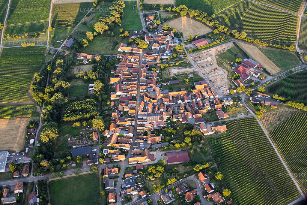 Luftbild: Dorfansicht von Westen am Abend mit Neubaugebiet am Weingut Lindenhof im Ortsteil Klingen in Heuchelheim-Klingen im Bundesland Rheinland-Pfalz in Deutschland.Foto: IMG_157932.jpg vom 19.07.2026 durch Werner Riehm/FLY-FOTO.deAuflösung des Originals: 6000 x 4000 px