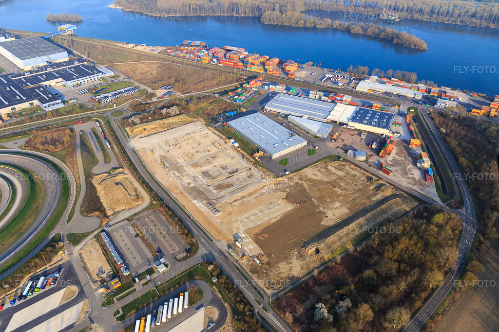 Luftbild: Erschliessung des neuen Standorts von Tyco in Wörth am Rhein im Bundesland Rheinland-Pfalz in Deutschland. Foto: IMG_113232.jpg vom 23.03.2019 durch Werner Riehm/FLY-FOTO.de