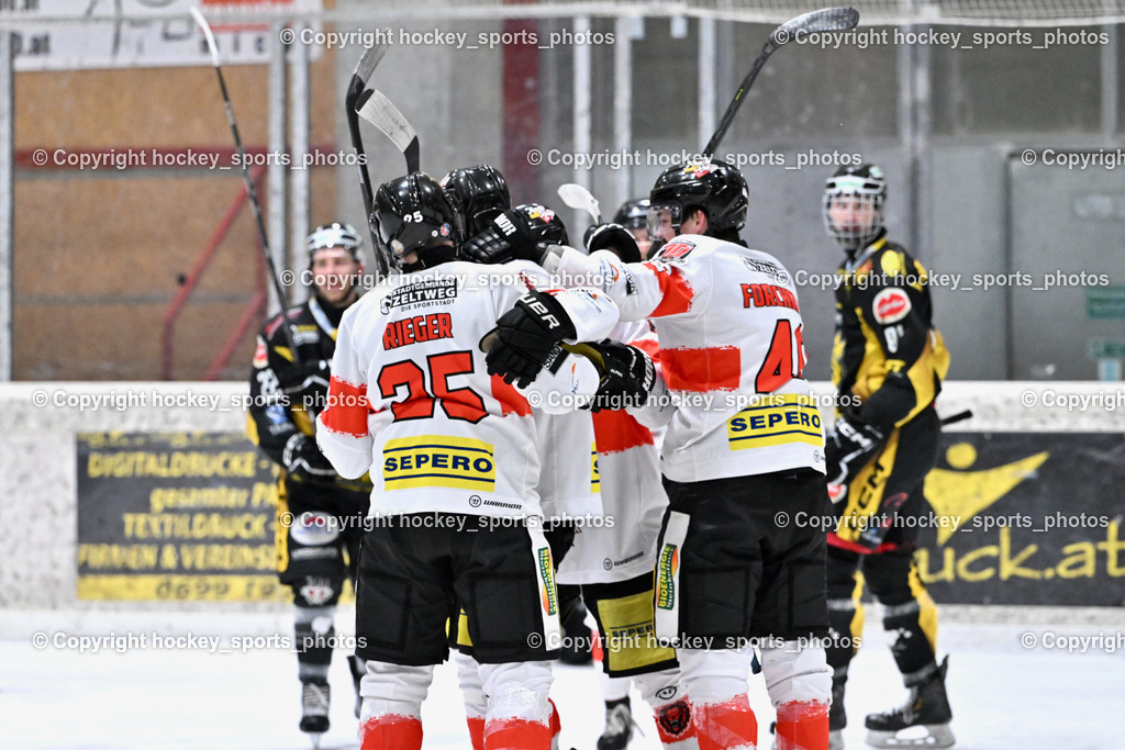 EC MET PHOTOVOLTAIK HORNETS SPITTAL vs. EV ZELTWEG MURTAL LIONS | Jubel EV Zeltweg Mannschaft, #25 Rieger Raphael EV ZELTWEG MURTAL LIONS, EC MET PHOTOVOLTAIK HORNETS SPITTAL vs. EV ZELTWEG MURTAL LIONS, EC MET PHOTOVOLTAIK HORNETS SPITTAL vs. EV ZELTWEG MURTAL LIONS am 08.02.2026 in Spittal an der Drau (Eissportzentrum Spittal), Austria, (Photo by Bernd Stefan)