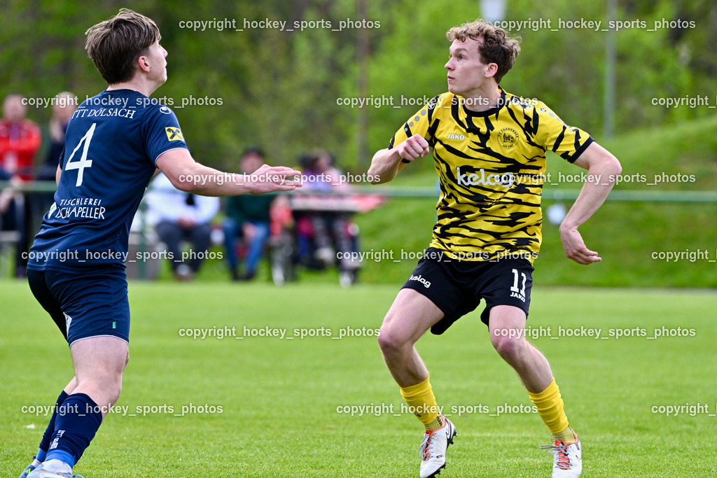 FC Faakersee vs. FC Dölsach | #4 Yannick Finn Brandner FC Dölsach, #11 Fabian Rauscher FC Faakersee, FC Faakersee vs. FC Dölsach, FC Faakersee vs. FC Dölsach am 20.04.2025 in Finkenstein (Sportplatz Finkenstein), Austria, (Photo by Bernd Stefan)