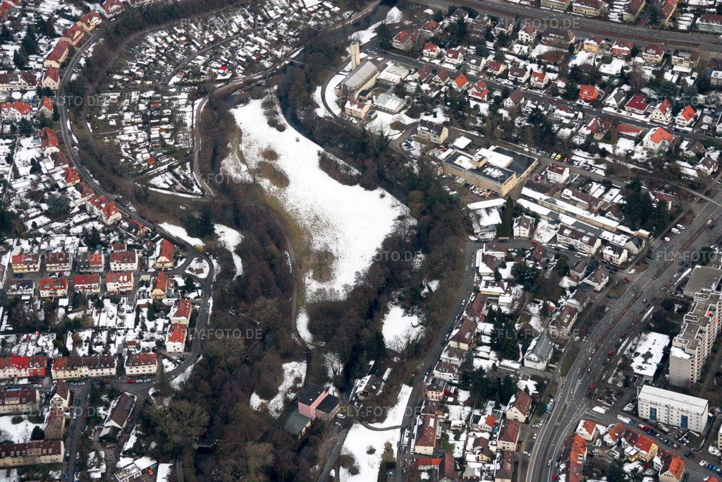 Luftbild: Thomaswehr, Thomaskirche im Albtal im Ortsteil Daxlanden in Karlsruhe im Bundesland Baden-Württemberg in Deutschland. Foto: IMG_16980.jpg vom 15.02.2009 durch Werner Riehm/FLY-FOTO.de