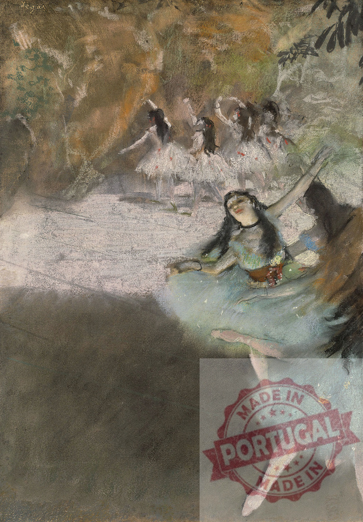 Edgar Degas Edgar Degas painting ballet dancers performing on stage | Ballet dancers gracefully performing, captured in the distinctive pastel style of Impressionist art - Realized with Pictrs.com