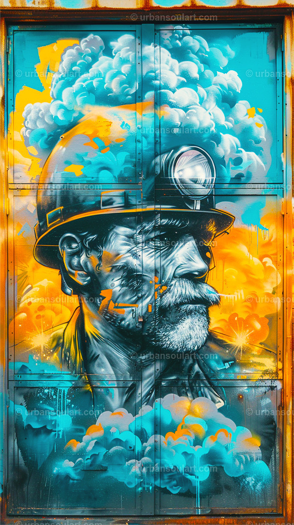 Miner With Helmet And Headlight | A powerful portrait of a miner with a headlight and cloud background, symbolizing resilience and strength. Perfect for industrial-inspired or motivational decor. - Realisiert mit Pictrs.com