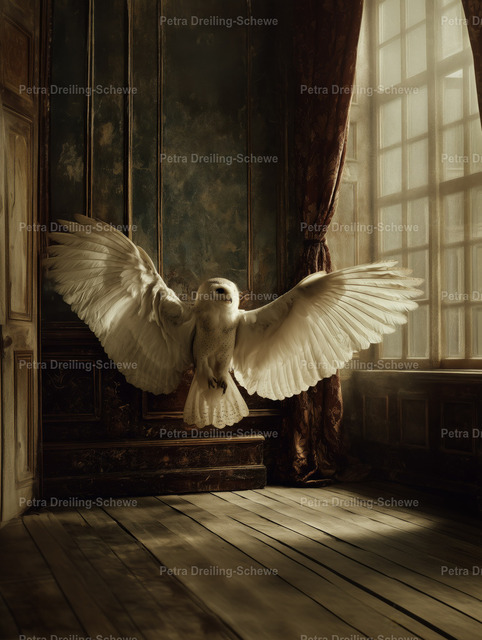 Snowy Owl Flight | A haunting, painterly poster that freezes a quiet, suspended moment—a white dove descending into a dim, sun-slit room. Warm, antique tones and soft directional light create a cinematic stillness: dust motes float in the shafts of sunlight, worn wooden floorboards and faded wallpaper speak of history, and the bird’s outstretched wings bring a fragile, hopeful motion to the scene. Printed with archival-grade materials and a gentle matte finish, this poster reads like a page from an old storybook or a frame from a classic film. It settles into living rooms, reading nooks, studios, and curated gallery walls, adding atmosphere without glare. Available in many sizes for indoor display; each print is produced with care to preserve deep shadow detail and luminous highlights. - Realisiert mit Pictrs.com
