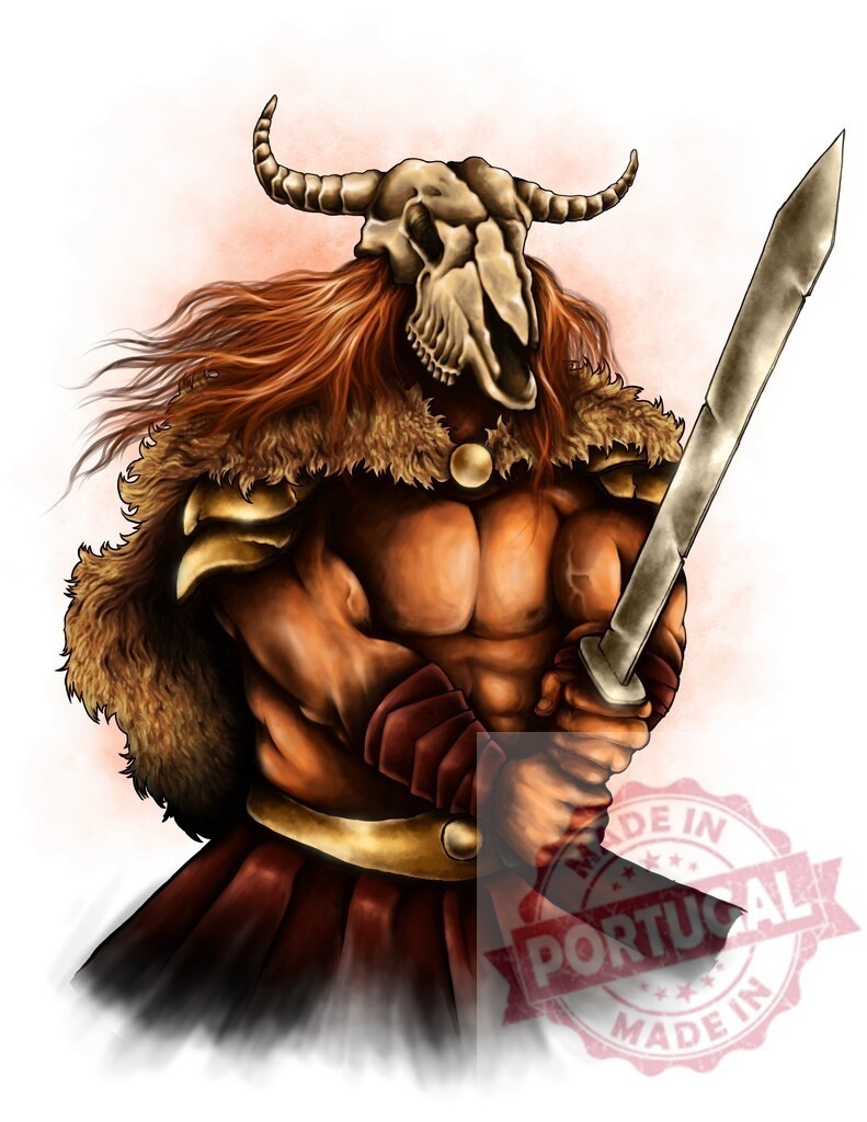 Fantasy barbarian warrior holding sword wearing skull helmet | Fierce barbarian warrior with skull helmet and fur cloak holding a sword - Realized with Pictrs.com