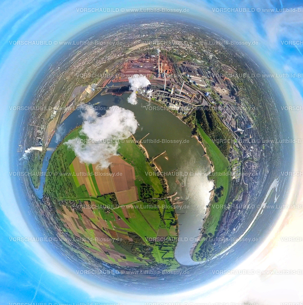 Duisburg20221006_1ThyssenSteel3 | Luftbild, thyssenkrupp Steel Europe Kokerei Schwelgern mit Werkshafen am Fluss Rhein, Fisheye Aufnahme, Fischaugen Aufnahme, 360 Grad Aufnahme, Marxloh, Duisburg, Fisheyeaufnahme, Ruhrgebiet, Nordrhein-Westfalen, Deutschland