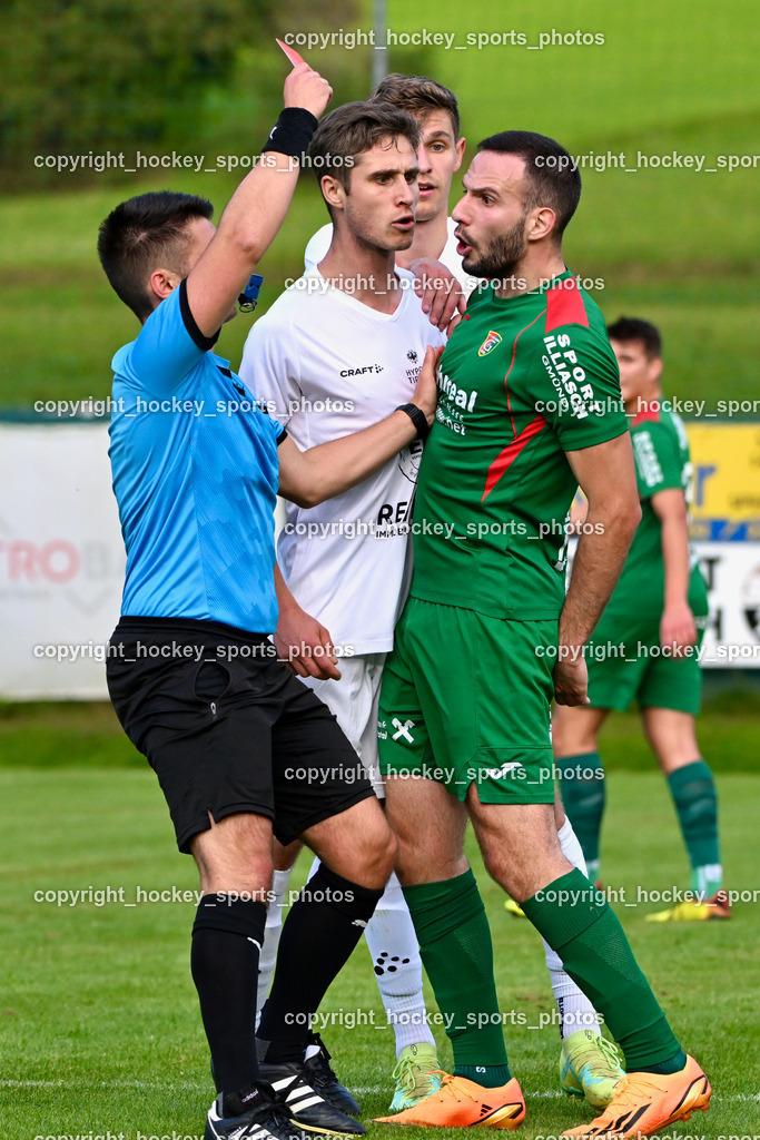 FC ASKÖ Gmünd vs. Union Matrei  | #5 Benedikt Wibmer Matrei, #16 Daniel Vasiljevic FC Gmünd, Kopfstoss, Mathias Bodner Referee, Rote Karte, FC ASKÖ Gmünd vs. Union Matrei , FC ASKÖ Gmünd vs. Union Matrei  am 21.09.2024 in Gmünd (Sportplatz Gmünd), Austria, (Photo by Bernd Stefan)